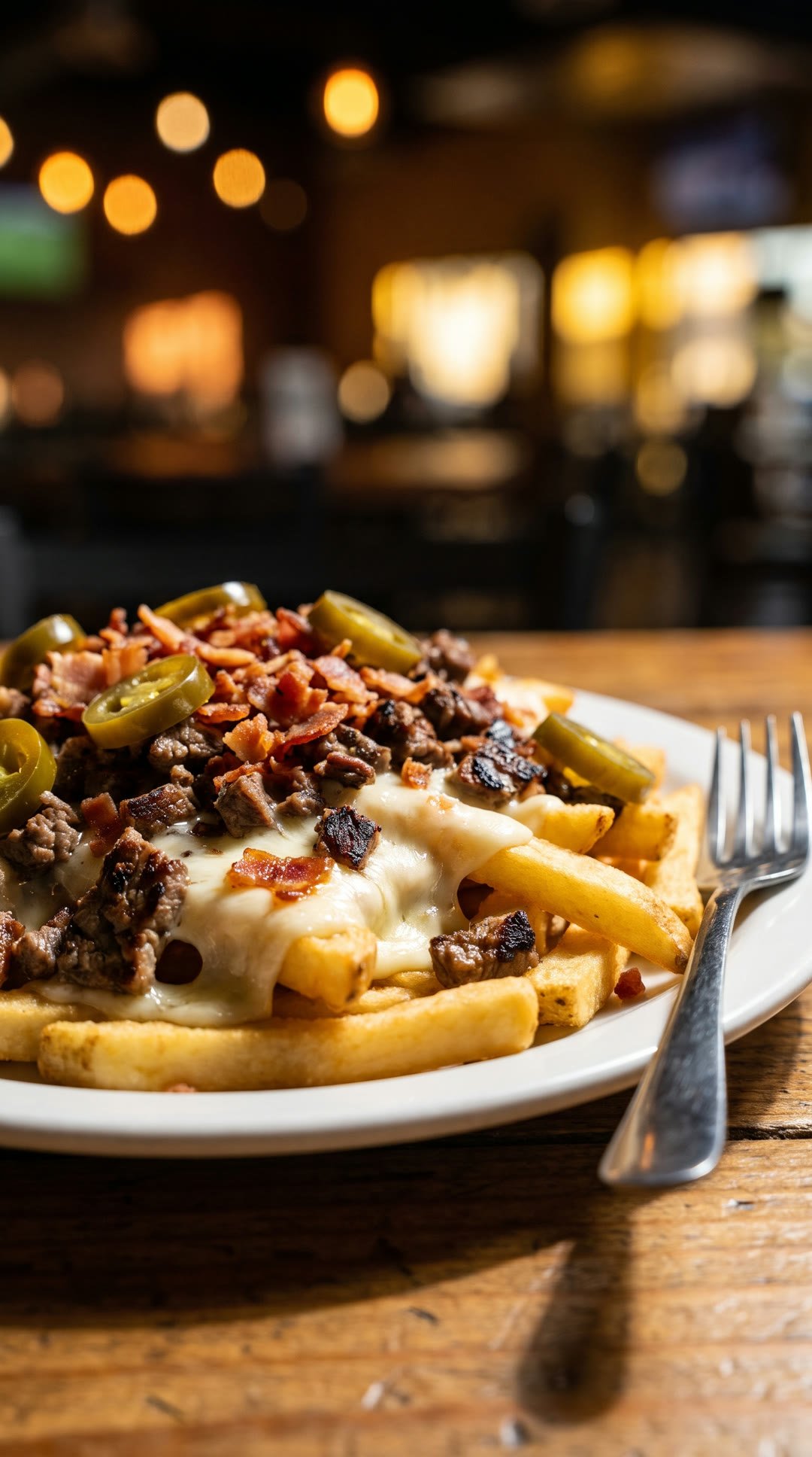 Papas preparadas con carne, tocino, queso derretido y jalapeños