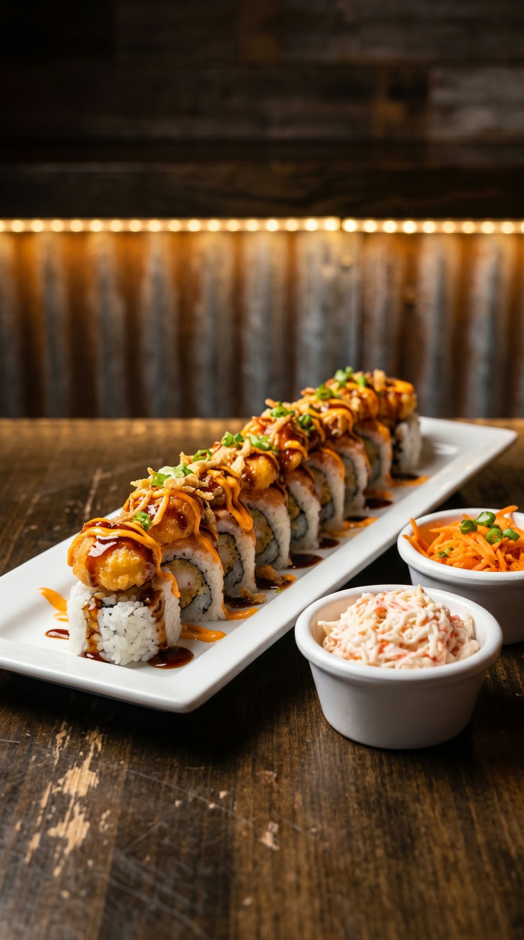 Rollo de sushi con topping de camarón tempura y salsa de anguila